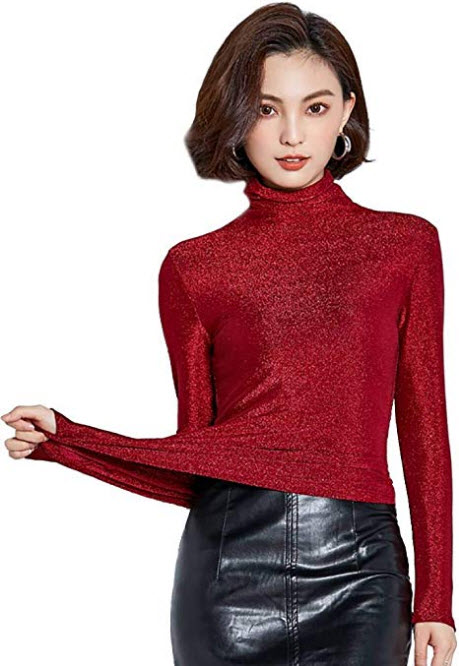 Ababalaya Women’s Retro Basic Turtleneck Glitter Long Sleeve Slim Fit Blouse Top red