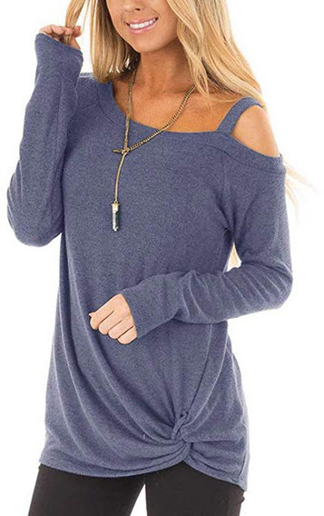 ANDUUNI Womens Loose Cold Shoulder T Shirt Casual Knot Front Long Sleeve Tunic Tops Blouse Large ...