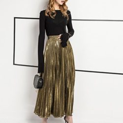Aro Lora Women’s Beach Metallic Shiny High Waist Pleated Long Maxi Skirt