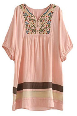 ASHER FASHION Women’s Tunic V Neck Embroidered Peasant Bohemian Dress, pink