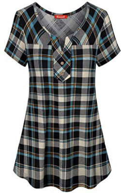Blevonh Womens Short Sleeve Split V Neck Plaid Shirt Casual Henley Tunic, blue plaid
