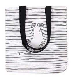 Caixia Womens Black Stripe Lazy Cat Canvas Tote Bag Beige