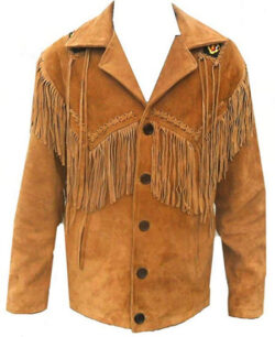 Celebrita X Style Men’s Cowboy Leather Coat fringed and Beads Suede Brown