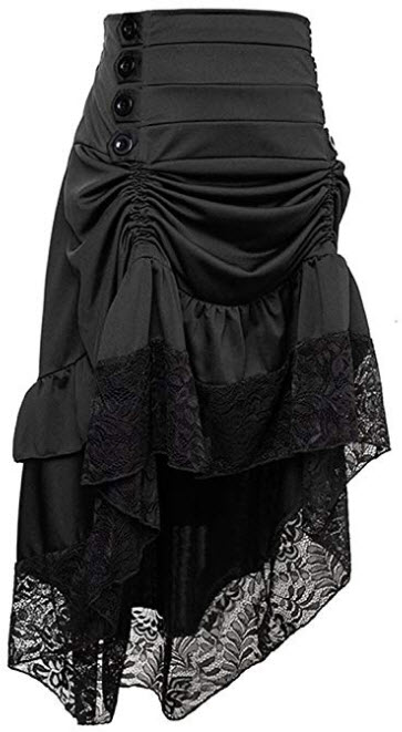 Charmian Women’s Steampunk Victorian Gothic Lace Trim Ruffled High Low Skirt, black