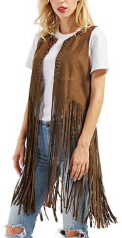 chouyatou Women’s Cool String Sleeveless Faux Suede Leather Fringed Vest Waistcoat