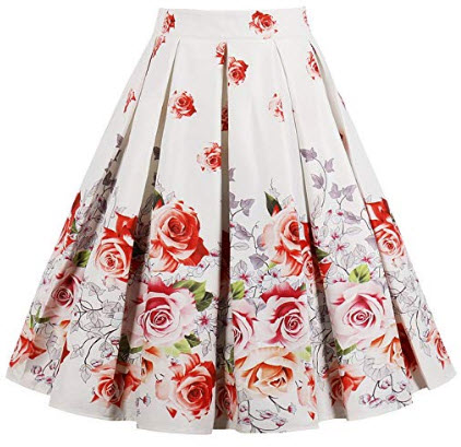 Cleaivy Women’s Midi Pleated A Line Floral Printed Vintage Skirts, ivory rose
