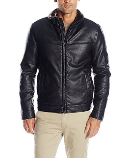 Dockers Men’s Smooth Lamb Faux Leather Stand Collar Jacket with Full Faux Fur Lining, Black.