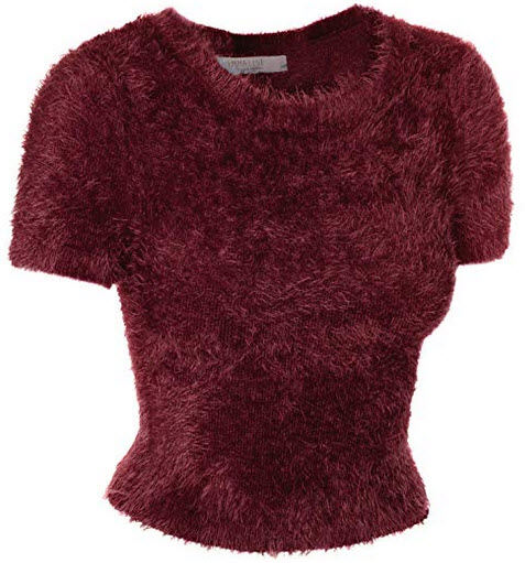 Emmalise Fuzzy Eyelash Sweater Cute Short Crop Top Fashion Shirt for Women wine