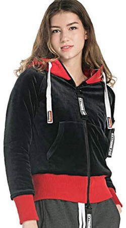 Extreme Pop Womens Velour Zip-Up Hooded Padding Jackets red