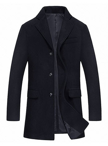 FASHINTY Men’s Classical Style With Leather Collar Dress Coat Slim Fit Wool Coat #00096.