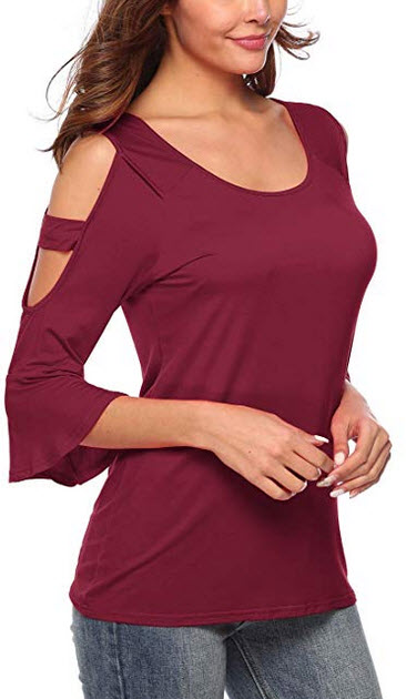 Florboom Womens Cute Top U Neck Bell Sleeve T Shirt Cold Shoulder Tee Shirts burgundy