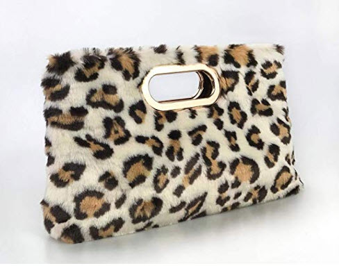 Fur Clutch Handbags Cut It Out Metal Handle Evening Bag Leopard and Tan hoxis