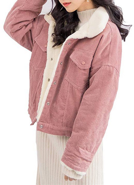 Gihuo Women’s Vintage Corduroy Sherpa Fleece Lined Jacket Thickened Warm Quilted Jacket pink