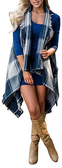 Gobought Womens Sleeveless Plaid Tassel Long Cardigan Open Front Drape Vest Fall blue