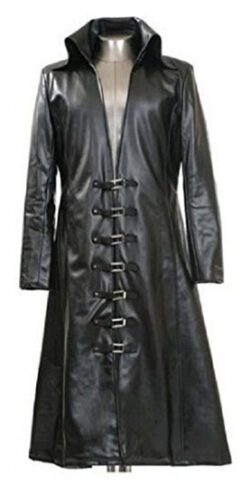 Gothic_Master Black Faux Leather Long Trench Coat