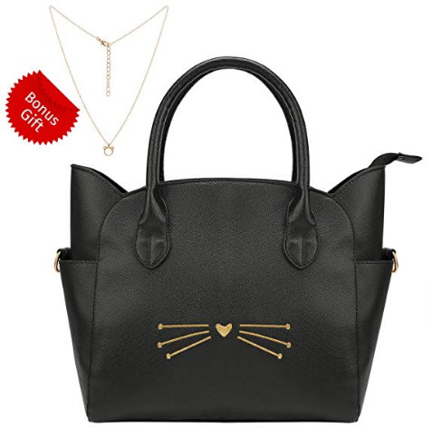 HDE Cat Purse for Women Crossbody Tote Black Designer Handbag and Cat Necklace