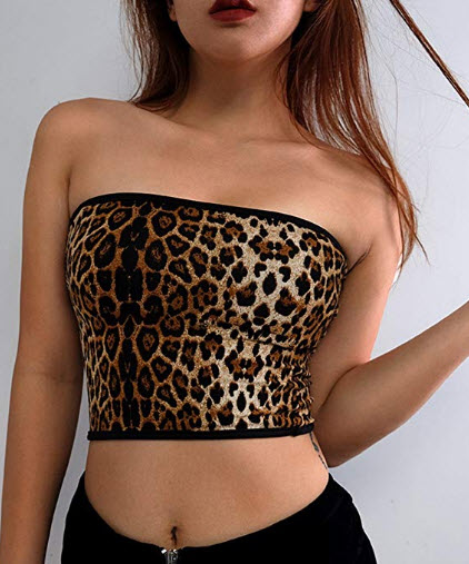 HitZoom Women Off Shoulder Vest Tube Top Stretchy Chest Wrap Leopard Tank Top leopard