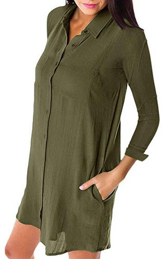 Honwenle Women V Neck Turn Down Collar Long Sleeve Button Down Pocket Casual Shirt Midi Dress ar ...