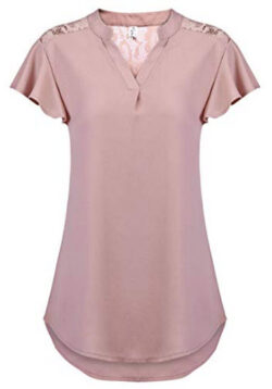 Hount Women’s V Neck Chiffon Ruffle Short Sleeve Shirts Casual Lace Blouse Tops, pink
