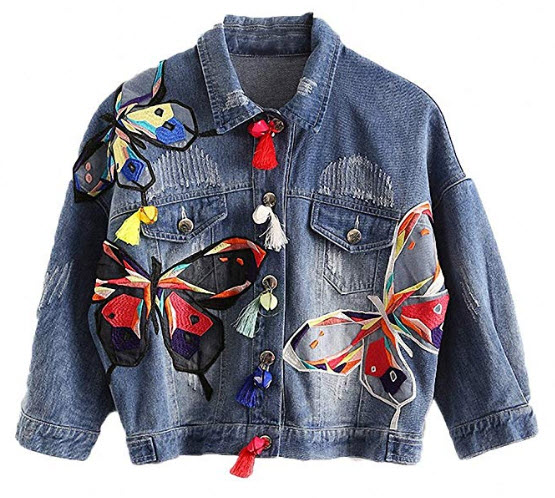 Huiwa Womens Denim Jacket colorful Butterfly Embroidery Jeans Jackets Patch Designs blue