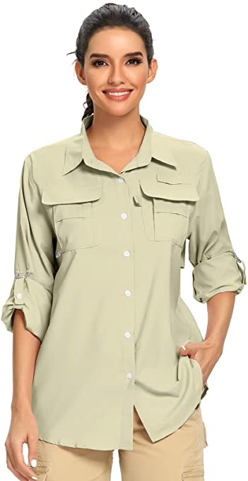 Women’s UPF 50+ UV Sun Protection Safari Shirt, Long Sleeve Outdoor Cool Quick Dry Fishing ...
