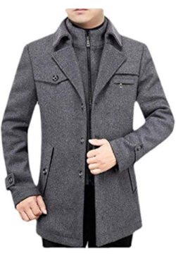 Jhsxydgy Men’s Winter Lapel Neck Zip-Up Wool Blend Coat Jacket with Pocket