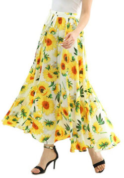 JOAUR Women Full/Ankle Length Floral Print Maxi Chiffon Long Skirt Beach Skirt, white