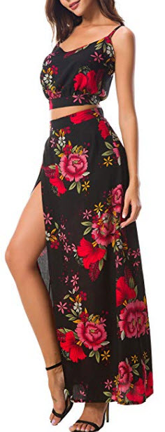 KorMei Women’s Floral Crop Top Maxi Skirt Two Piece Side Split Long Maxi Dress, black red