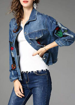 Womens Distressed Embroidered Floral Button Up Denim Jackets Black/Blue ONESIZE, style 1 blue