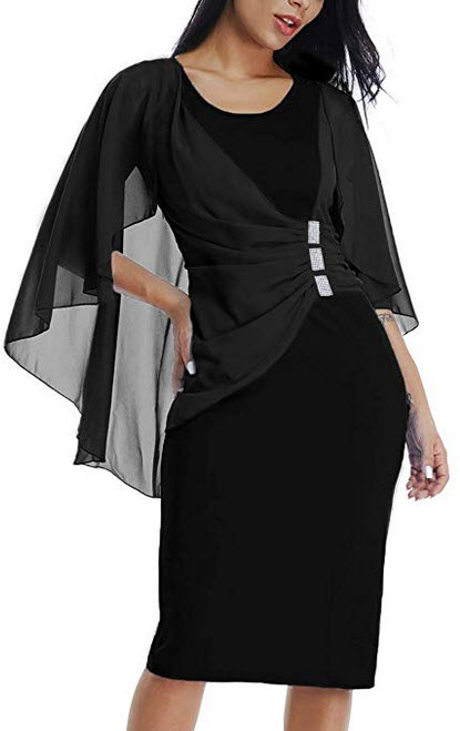 Lalagen Womens Chiffon Plus Size Ruffle Flattering Cape Sleeve Bodycon Party Pencil Dress black