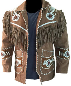 LEATHERAY Men’s Fashion Western Cowboy Fringed & Bones Jacket Suede Leather Brown