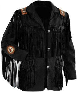 LEATHERAY Men’s Fashion Western Fringe & Beaded Jacket Suede Leather Black