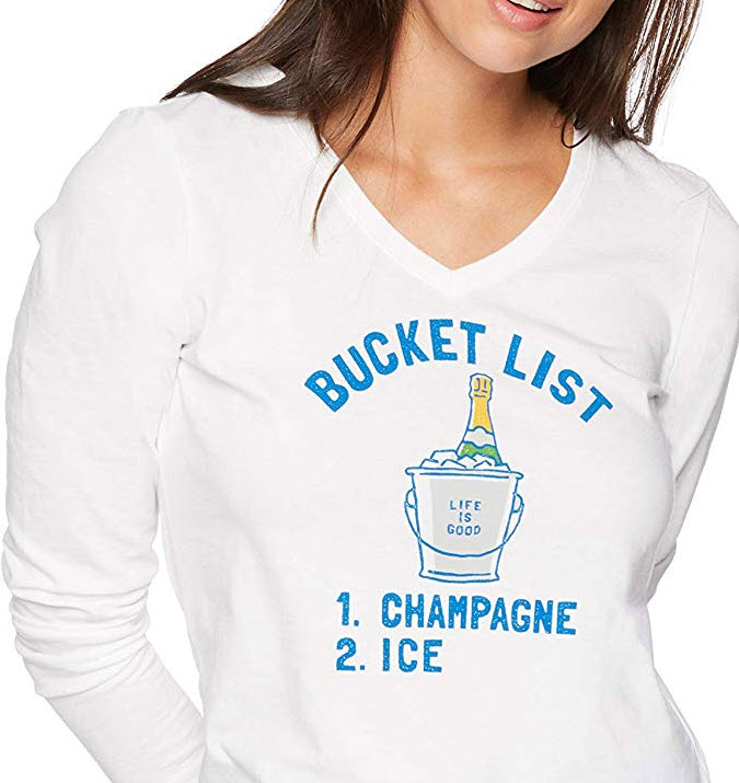 Life is Good Womens Crusher Vee Longsleeve Bucket List Champagne Athletic T Shirts, Cloud White, ...