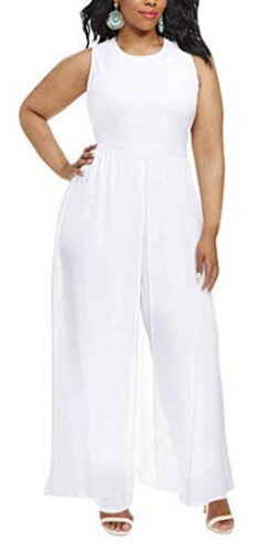 Linsery Women’s Elegant Sleeveless Long Pants Chiffon Overlay Jumpsuits Rompers, white