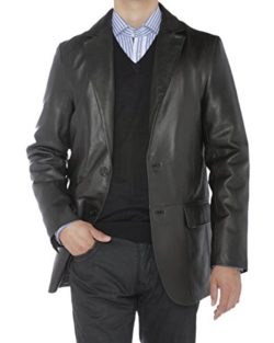 Luciano Natazzi Mens 2 Button Modern Fit Nappa Leather Blazer Center Vent Jacket