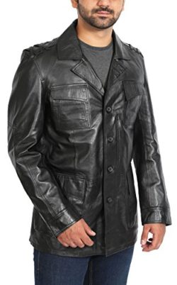 Mens Blazer Reefer Leather Jacket Safari Button Up Hunters Coat Grant Black