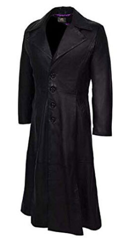 Asam Market Men’s Classic Dracula Long Length Halloween Black Real Leather Trench Coat