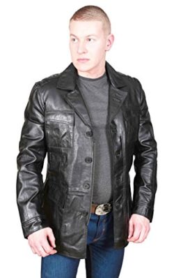 Mens Safari BLACK Leather Jacket Fitted Blazer Designer Hunters Coat Chris