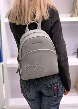 Michael Kors Abbey Medium Studded Leather Backpack For Work School Office Travel, ash grey heart