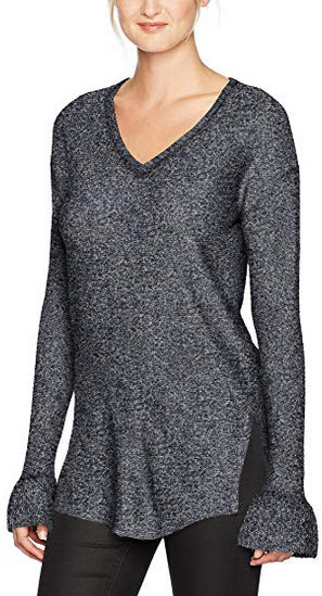 Michael Stars Women’s Mixed Stitch Soft V-Neck Pullover Ruffle Sleeve nocturnal