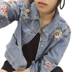 Minetom Women’s Loose Fit Long Sleeve Floral Embroidered Button Closed Denim Boyfriend Jea ...