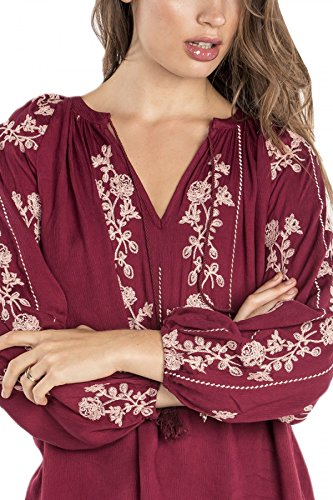 Miss Me MMYT39 Red Wine Embroidered Peasant Top