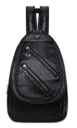 Mn&Sue Punk Women Braided Backpack Purse Convertible Shoulder Sling Chest Bag (Black)