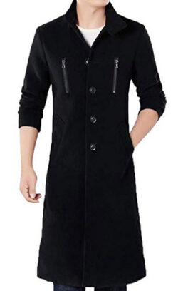 MODOQO Men’s Long Trench Coat Casual Stand Collar Windbreak Pea Coat Overcoat black