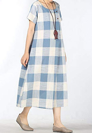 Mordenmiss Women’s New Classic Plaid Linen Summer Shirt Dress with Pockets, light blue