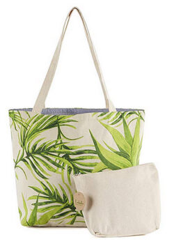 Ecolusive Multi-Purpose Tropical Canvas Shopping/Beach Tote Shoulder Bag with Pouch green