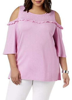 NY Collection Womens Plus Cold Shoulder Embellished Peasant Top, bouquet