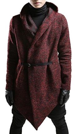 Oberora Mens Trench Coat Hooded Irregualr Casual Wool Blend Pea Coat with Belt
