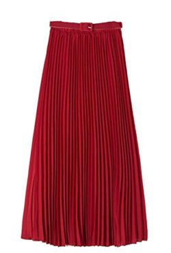 ONTBYB Womens Bohemian Solid Color Pleated Stylish High Waist Maxi Skirt With Belt