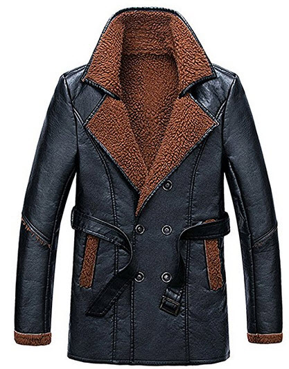 Ouye Men’s Faux Leather Fleeced Winter Trench Coat.